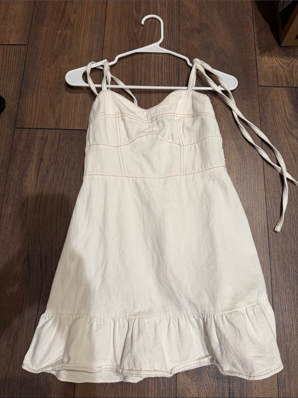 Day & Moon boutique white denim Tie-Strap Ruffle Hem dress! Country western